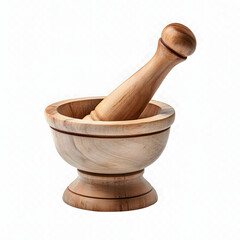 Wooden mortar and pestle isolated on white background for grinding spices