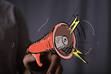 Sketch of a megaphone, hand-held, powerful announcement concept. Ideal for marketing,...