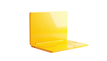 Bright yellow laptop, isolated on black background, glossy and modern, 3D render