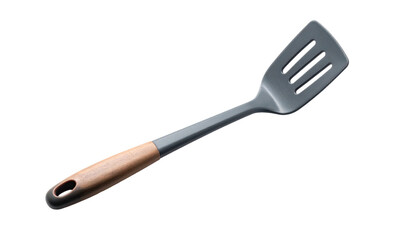 Angled spatula with slotted head and wooden handle, isolated on black background