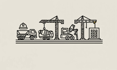 Fototapeta premium Construction site equipment and vehicles in linear design showing building and engineering process and industry development
