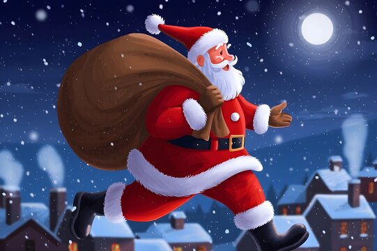 Traditional Santa Flying Over Snowy Village with Gifts Under Starlit Sky