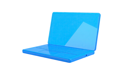 A glowing, transparent blue laptop, open against a stark black background