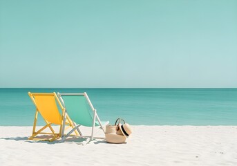 Two colorful deck chairs and straw hat on white sand beach with turquoise sea and clear sky minimal tropical travel summer vacation and leisure destination