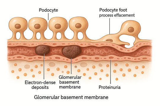 Illustration of Glomerular Basement Membrane Pathology with Podocyte Effacement and Proteinuria