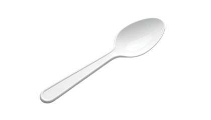 A single white plastic spoon on a stark black background, angled towards the viewer