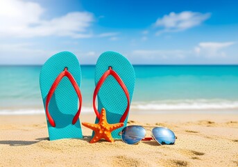 Flip flops sunglasses and starfish on tropical beach sand with turquoise ocean and blue sky symbol of summer vacation travel holiday leisure and relaxation