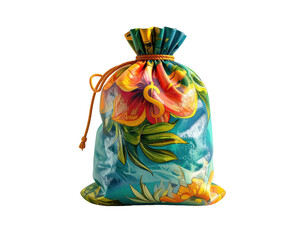 Vivid bag illustration with floral design, tied with a drawstring, against black