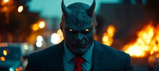 Devilishly Dapper Sinister Figure in Suit Amidst Fiery Urban Chaos, Captivating Visual Details