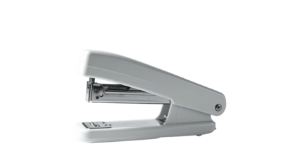 Angled shot of a white stapler, showcasing its design on a dark background