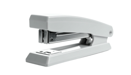 A white stapler, side view, slightly angled, against a plain background