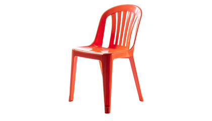 Isolated, bright orange plastic chair with vertical back slats against black background