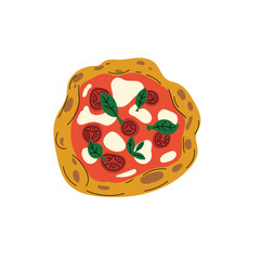 Italian pizza in flat modern design with black outlines. Pizza Margherita top view in minimalistic style. Best for menu and delivery service. Vector illustration on white background.