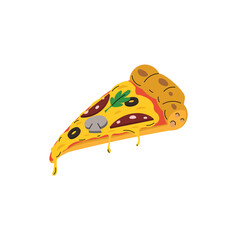 Italian pizza in flat modern design with black outlines. Pepperoni pizza slice in minimalistic style. Best for menu and delivery service. Vector illustration on white background.