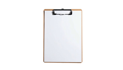 A clean, empty, upright clipboard with a blank white paper on a stark black background