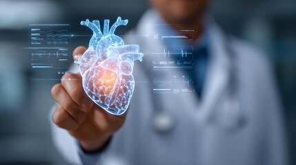 Doctor showing digital 3D hologram of human heart, futuristic medical technology innovation concept with cardiology and healthcare diagnostics