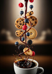 Coffee Pour with Floating Berries and Cookies, Espresso Drink, Breakfast Treat, Gourmet Dessert