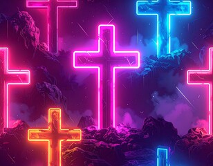 Neon crosses on a rocky landscape