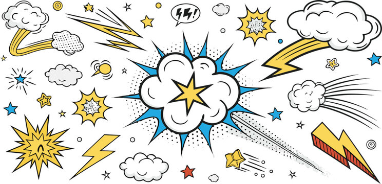 Comic Boom & Speed Line Effect Set.Hand drawn sketch doodle action effect.Hand-Drawn Explosive Motion Elements Vector.eps