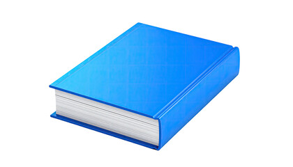 Rendered close-up of a hardcover book with blue cover, open to white pages