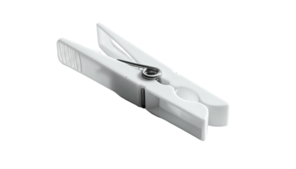 Close-up of a single white plastic clip with metal spring, set against black