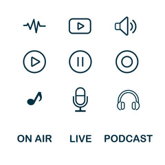 Line art audio media icon set with sound wave, play, volume, pause, record, music, microphone, and headphones for podcast, live, or on-air broadcasting