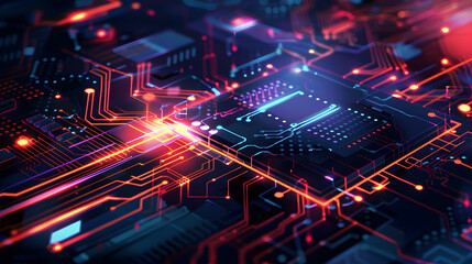 Fototapeta premium Abstract futuristic electronic circuit board with glowing elements, intricate patterns, and vibrant colors for technology, data, and innovation concepts