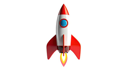 A cartoon rocket, red and white with flames, against a stark black background