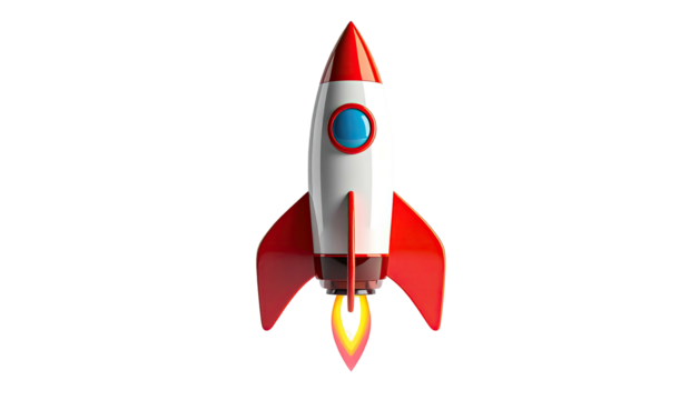 A cartoon rocket, red and white with flames, against a stark black background