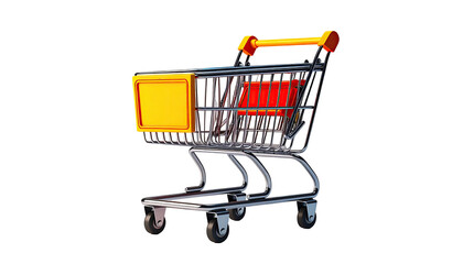 A detailed 3D rendering of a shopping cart with bright yellow and red accents