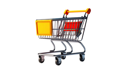 A detailed 3D rendering of a shopping cart with bright yellow and red accents