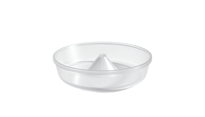 A transparent plastic citrus fruit juicer with a central reamer, bowl shape