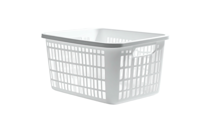 A white, rectangular plastic laundry basket with a gray trim and grid pattern