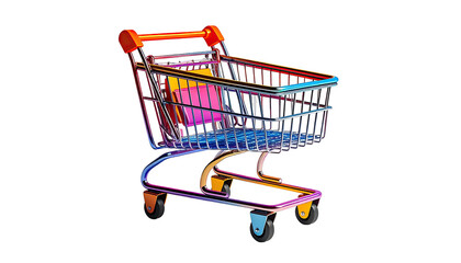 A colorful, metallic rendered shopping cart, filled with shopping bags on a black backdrop