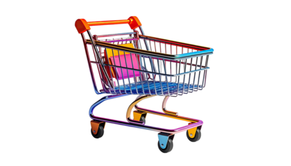 A colorful, metallic rendered shopping cart, filled with shopping bags on a black backdrop