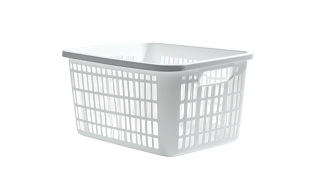 A white, rectangular plastic laundry basket with a gray trim and grid pattern