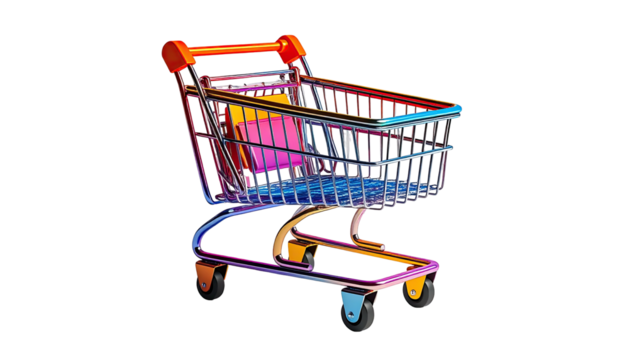 A colorful, metallic rendered shopping cart, filled with shopping bags on a black backdrop