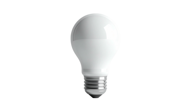A glossy, white light bulb glows gently against a black background