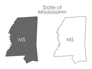 Mississippi. The outline and silhouette of the state with the abbreviated abbreviation of the name. The state border. A template for the design of printed products