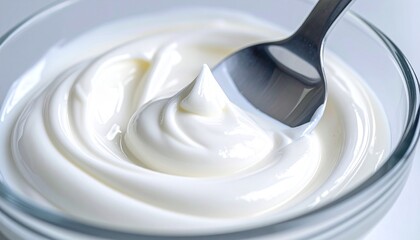 a close-up of a bowl filled with thick, creamy yogurt. A spoon is partially inserted into the yogurt