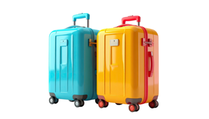 Two colorful, glossy suitcases side by side on a transparent background