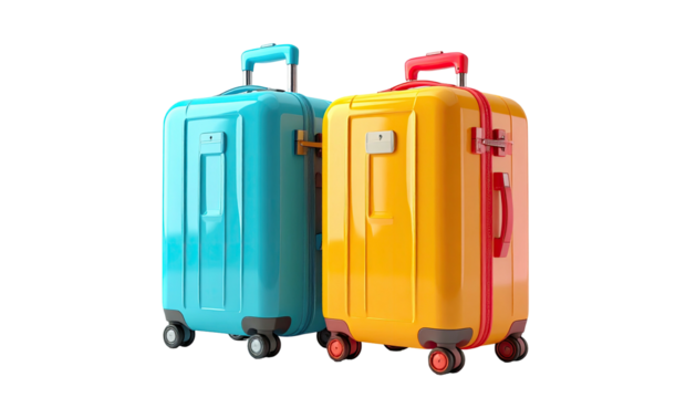 Two colorful, glossy suitcases side by side on a transparent background
