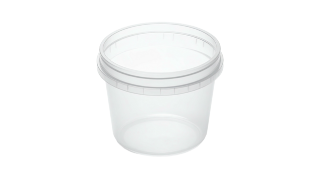 Clear plastic bucket with a lid, empty, against a black background, high angle view