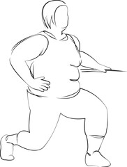 One continuous line drawing on white isolated background. Minimalism linear illustration. person, female, woman, lifestyle, overweight, fat, stretching, adult, weight, exercise