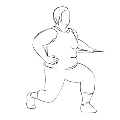 One continuous line drawing on white isolated background. Minimalism linear illustration. person, female, woman, lifestyle, overweight, fat, stretching, adult, weight, exercise