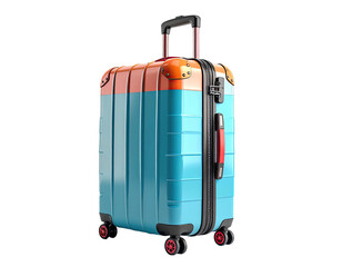 A colorful, upright travel suitcase with retractable handle and wheels, isolated