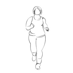 Fototapeta premium One continuous line drawing on white isolated background. Minimalism linear illustration. woman, lifestyle, overweight, running, female, jogging, fat, person, sport, obesity