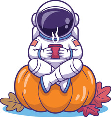 Astronaut enjoying a warm drink while sitting on a pumpkin surrounded by autumn leaves a cozy and whimsical scene perfect for a fall themed design