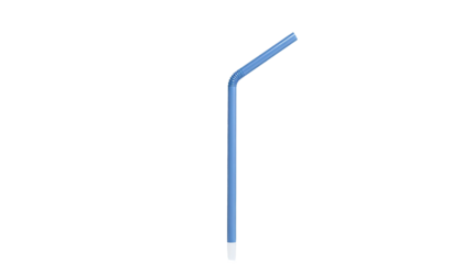 A slender, blue, bent straw against a stark black background