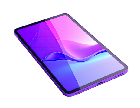 Angled shot of a digital tablet with a colorful abstract display against black background